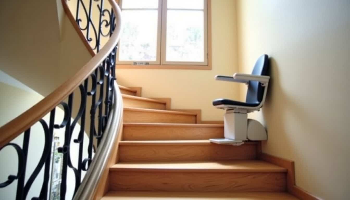 Installation d’un monte-escalier courbe dans un escalier en colimaçon à Saint-Jacut-les-Pins