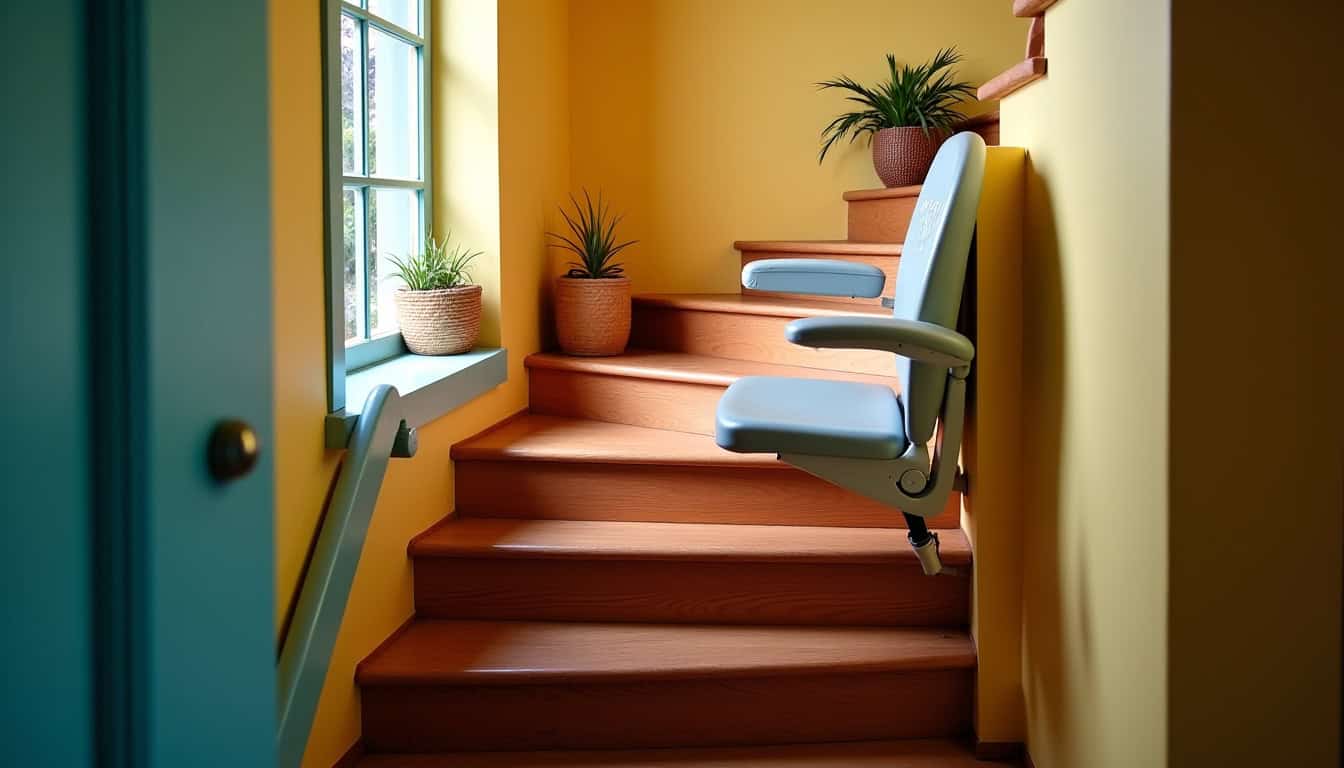Installation d’un monte-escalier dans un escalier étroit à Le Morne-Rouge, montrant l’espace disponible pour les autres usagers