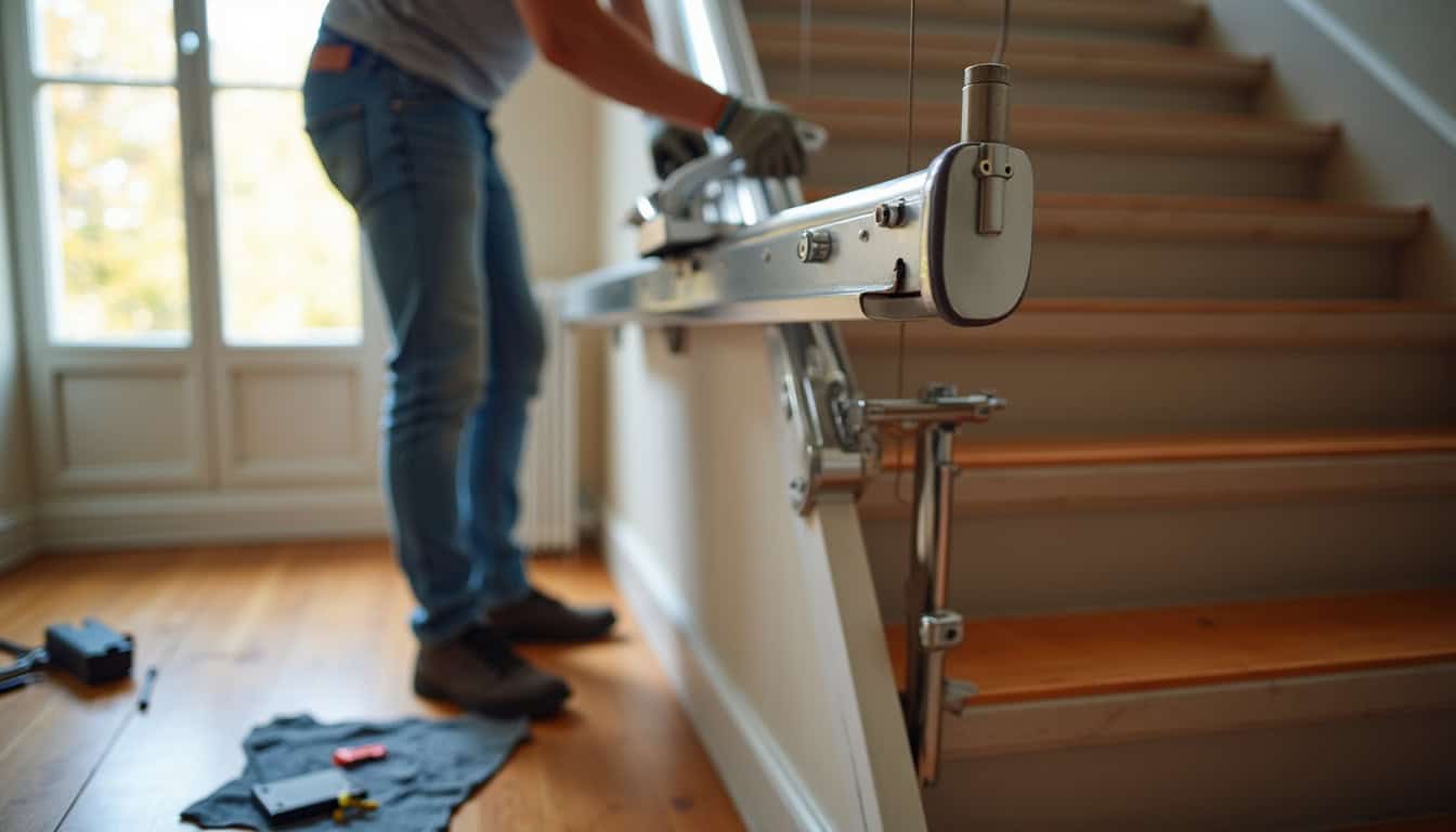Installation d’un monte-escalier dans une maison à Creysse, vue de l’escalier en cours de pose du rail