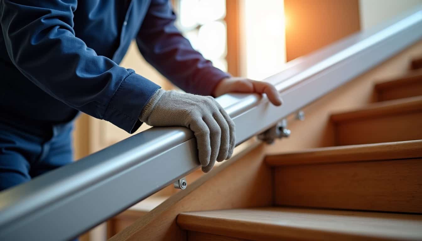 Installation d’un monte-escalier dans une maison à Jullouville, vue d’un technicien en train de fixer le rail sur les marches
