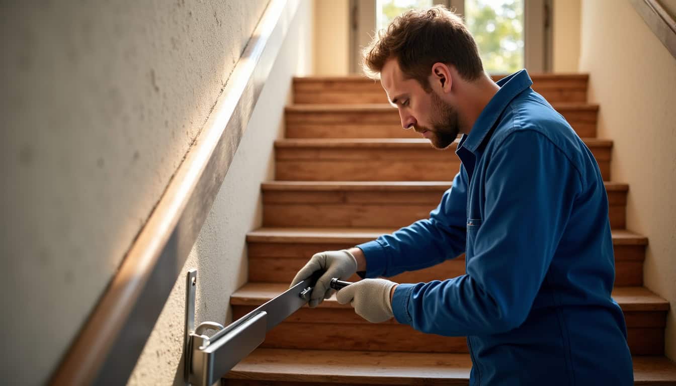 Installation d’un monte-escalier dans une maison à Lorgues, vue d’un technicien posant un rail sur des marches d’escalier