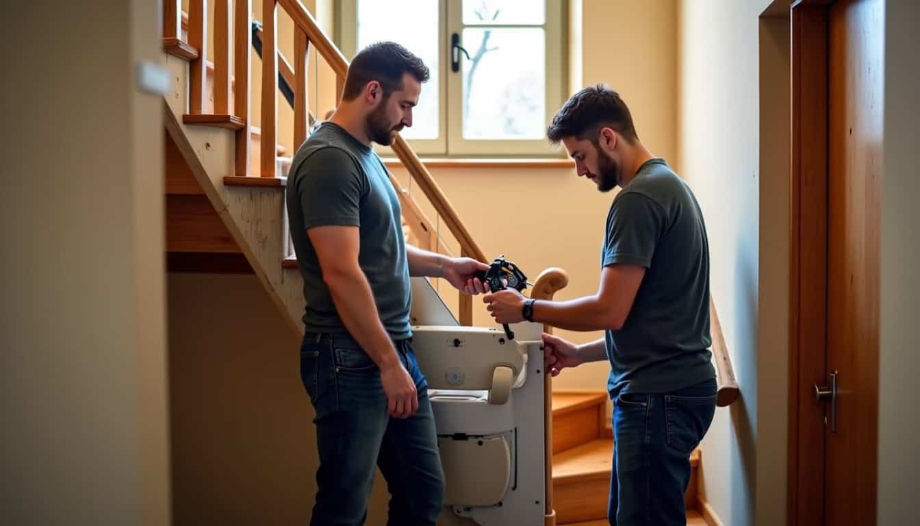 Installation d’un monte-escalier dans une maison à Prayssac avec des professionnels en train de fixer le rail sur les marches d’un escalier tournant