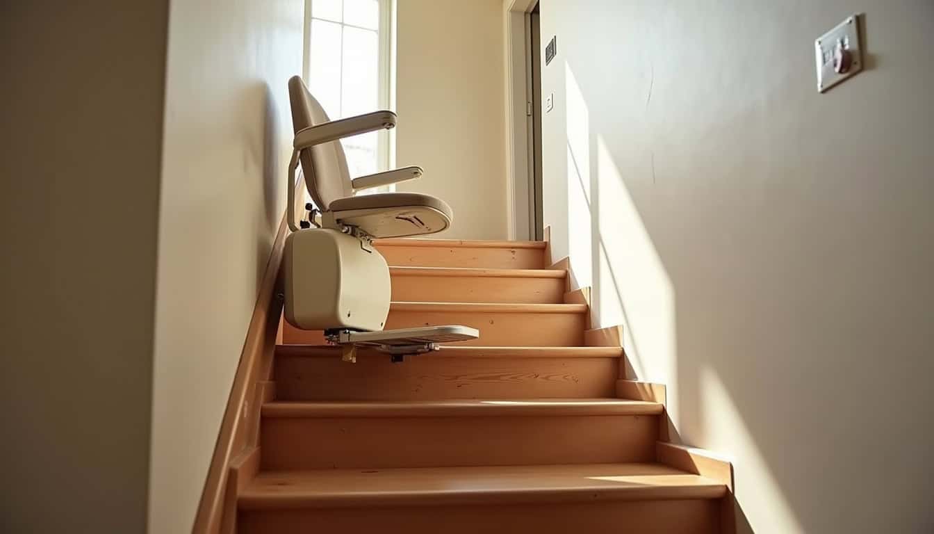 Installation d’un monte-escalier dans une maison à Villeneuve-de-Rivière, vue d’ensemble de l’appareil sur un escalier intérieur