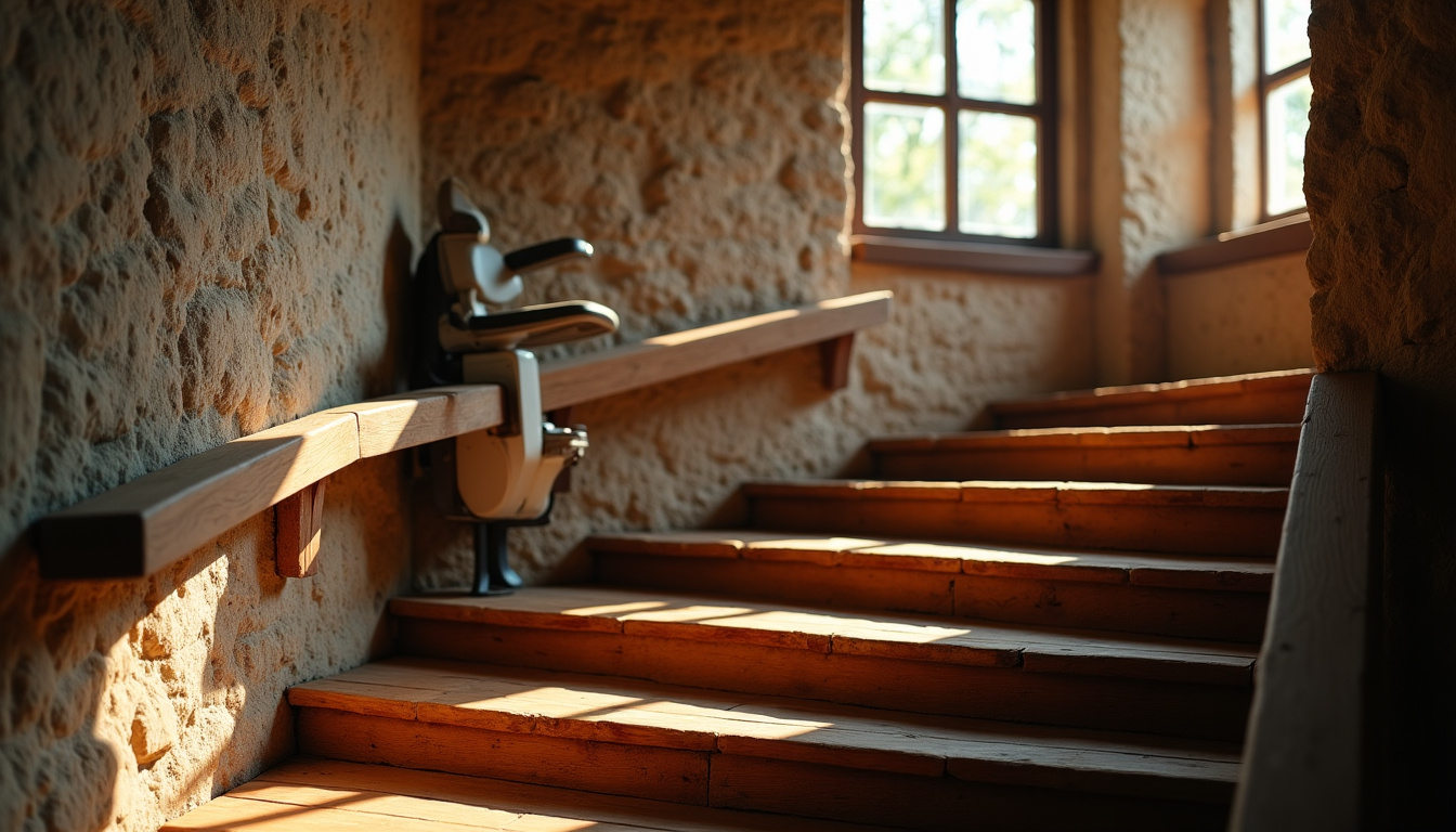 Installation d’un monte-escalier dans une maison ancienne de campagne, escalier en bois et mur en pierre apparente