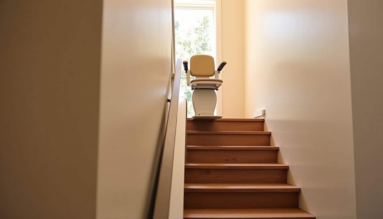 Installation d’un monte-escalier droit dans une maison à Pacé, vue d’ensemble de l’escalier avec le rail fixé