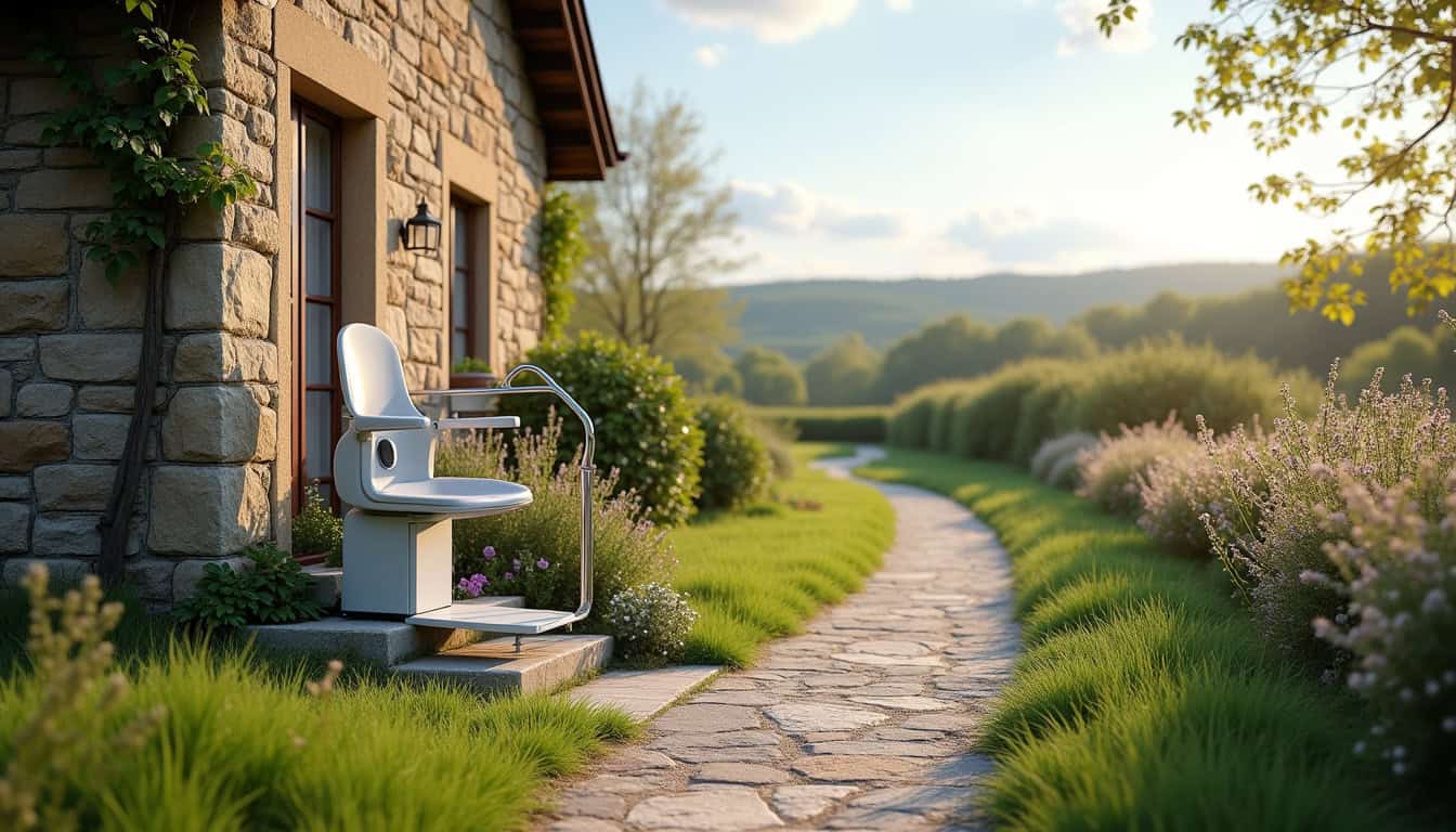 Installation d’un monte-escalier extérieur en milieu rural, adapté aux accès en pente