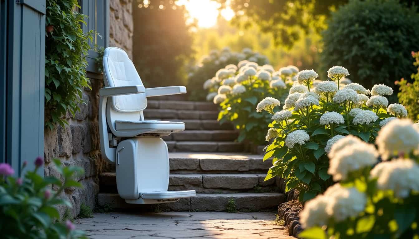 Installation d’un monte-escalier extérieur sur un escalier en pierre à Sainte-Néomaye