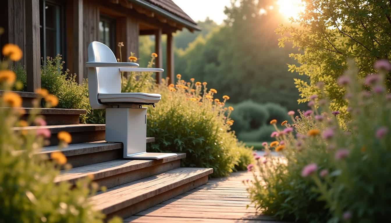 Installation d’un monte-escalier extérieur sur une terrasse en bois à Saint-Bômer-les-Forges