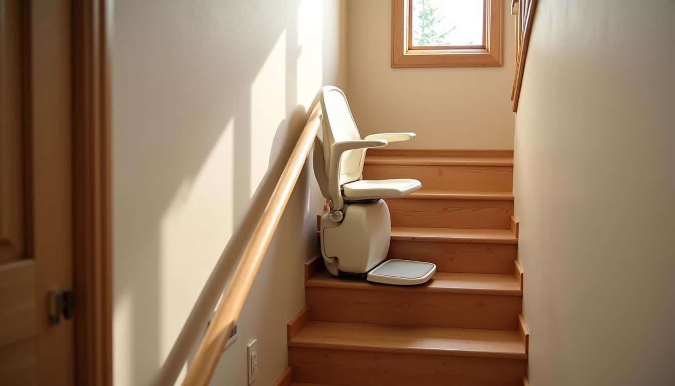Installation d’un monte-escalier intérieur dans une maison à Toussieux, montrant le siège replié contre le mur