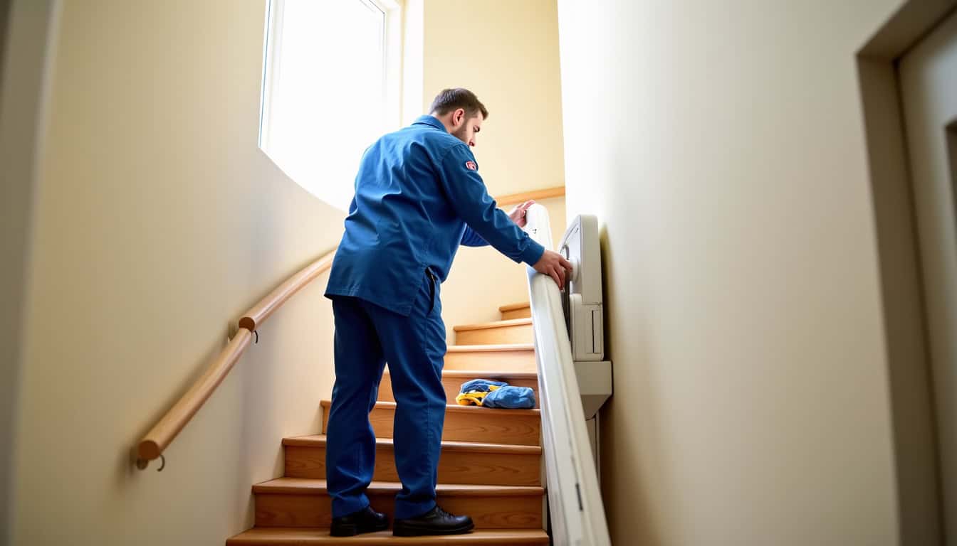 Installation d’un monte-escalier intérieur dans une maison à Vichy, avec technicien en intervention