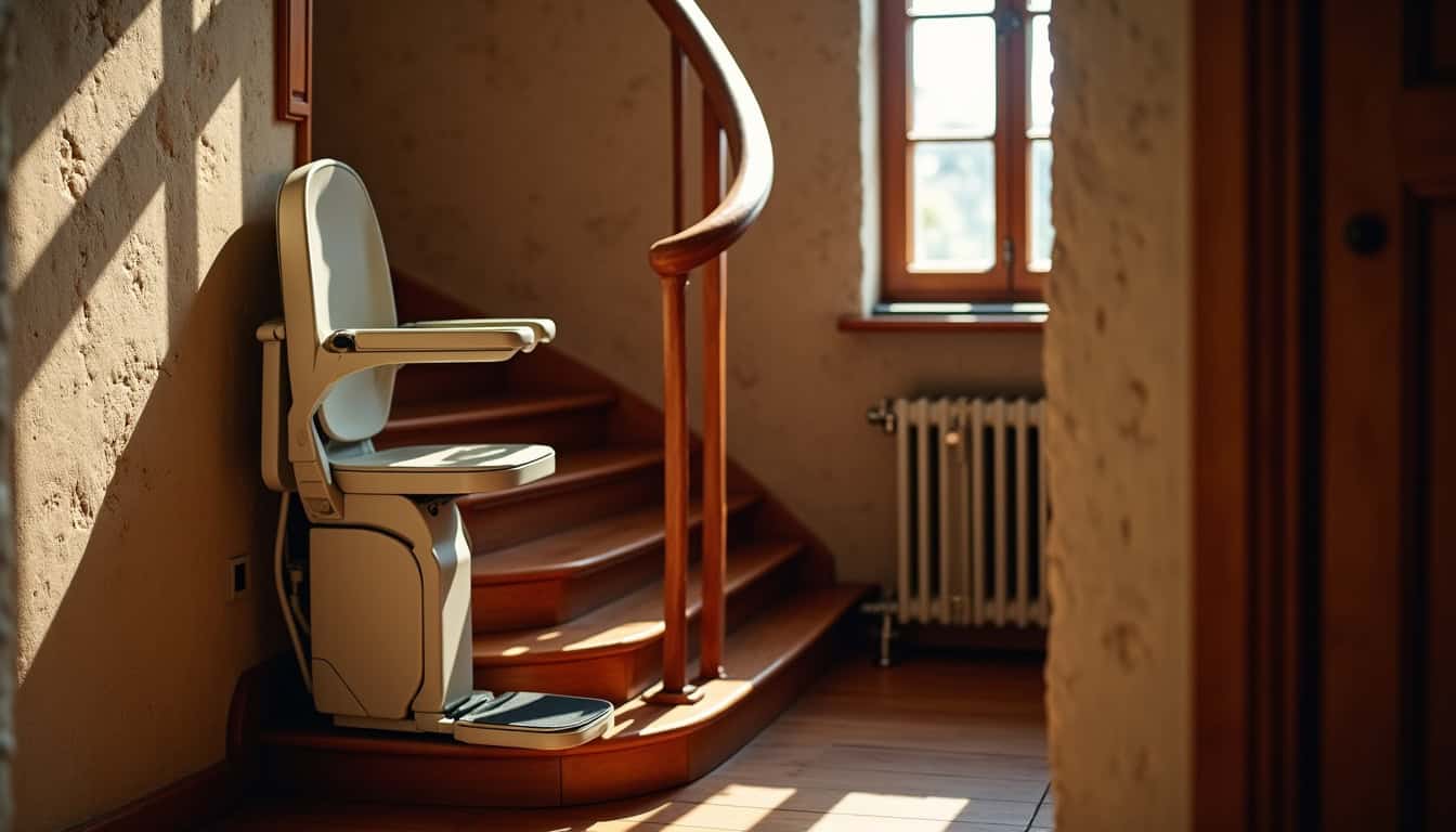 Installation d’un monte-escalier intérieur dans une maison typique de Rodez, escalier en bois ancien