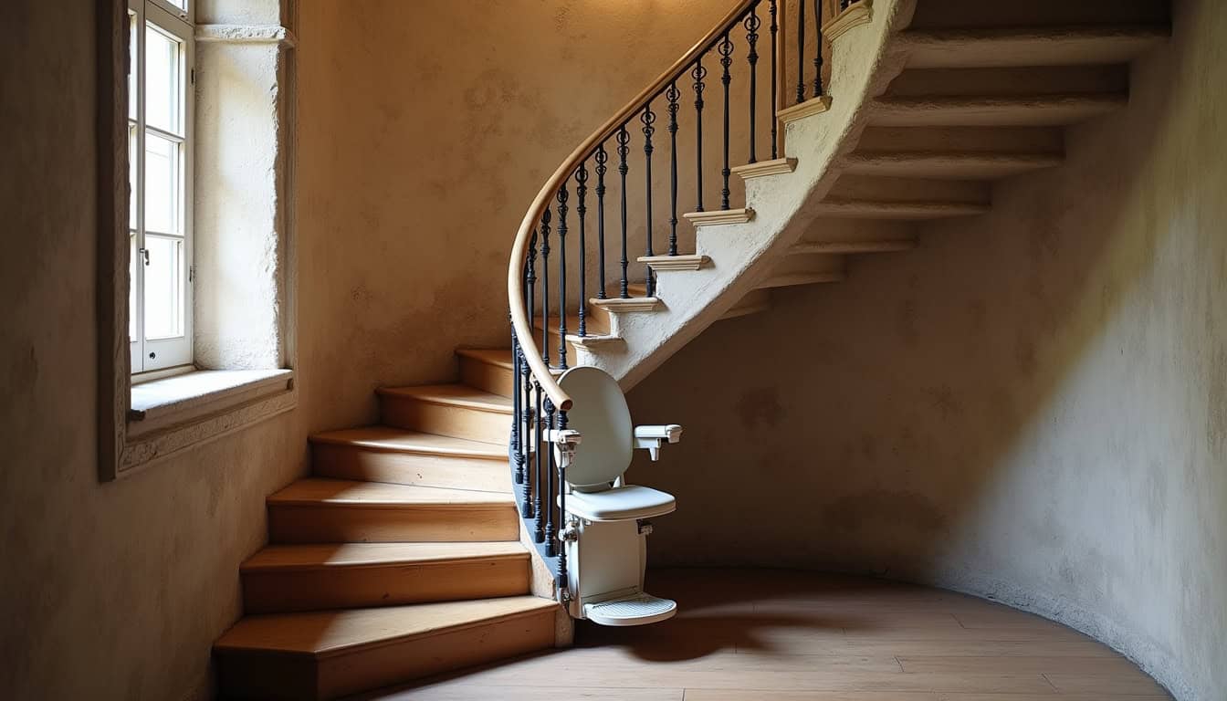 Installation d’un monte-escalier sur un escalier tournant dans une maison ancienne à Saint-Martin-sur-Ocre