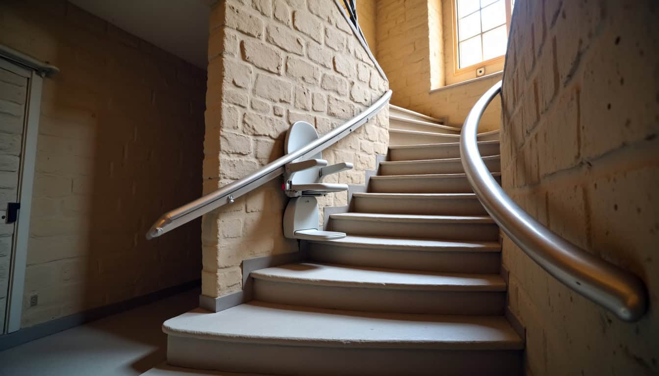 Installation d’un monte-escalier tournant dans un escalier en colimaçon à Saint-Sulpice-la-Forêt