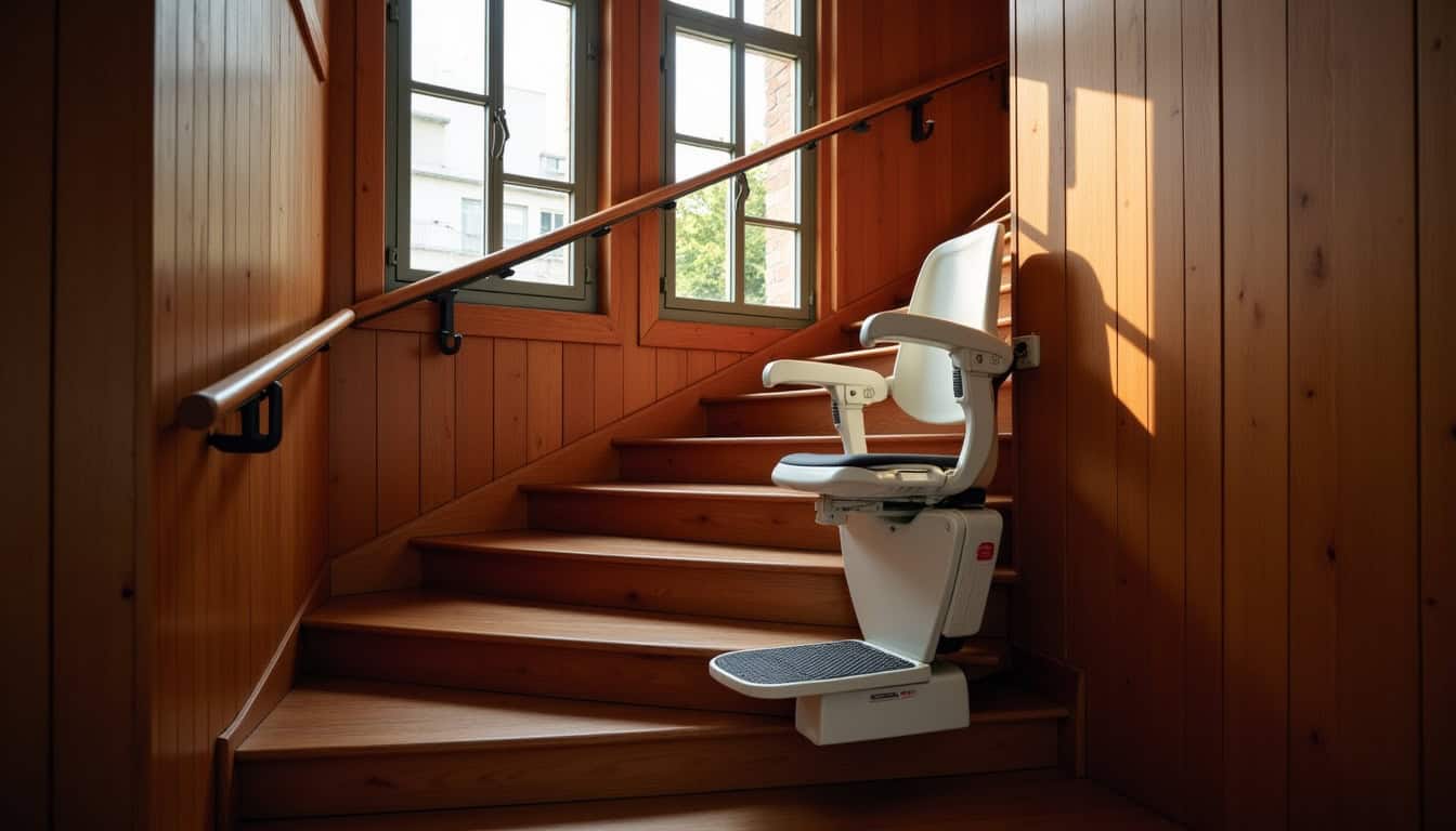 Installation d’un monte-escalier tournant dans une maison ancienne à Morlaix, vue du rail sur les marches et du fauteuil en place