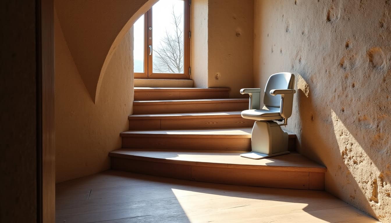 Installation d’un monte-escalier tournant dans une maison ancienne à Rumilly, vue sur les marches incurvées