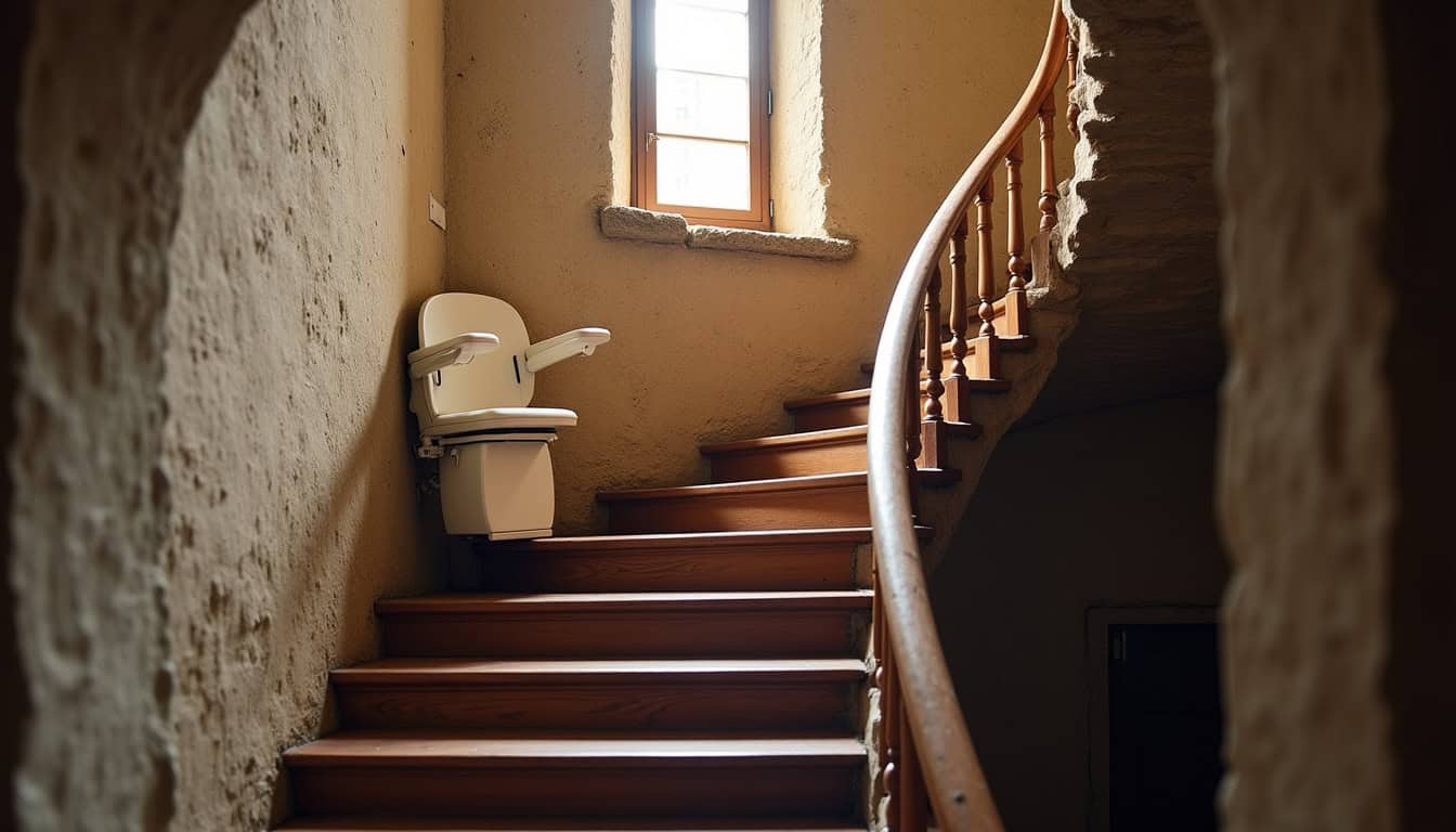 Installation d’un monte-escalier tournant sur un escalier arrondi dans une maison ancienne de La Pacaudière