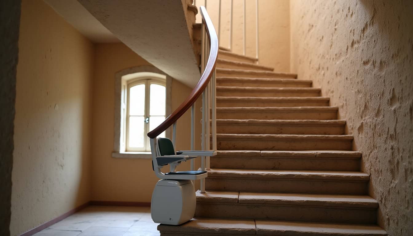 Installation d’un monte-escalier tournant sur un escalier en colimaçon à Monflanquin