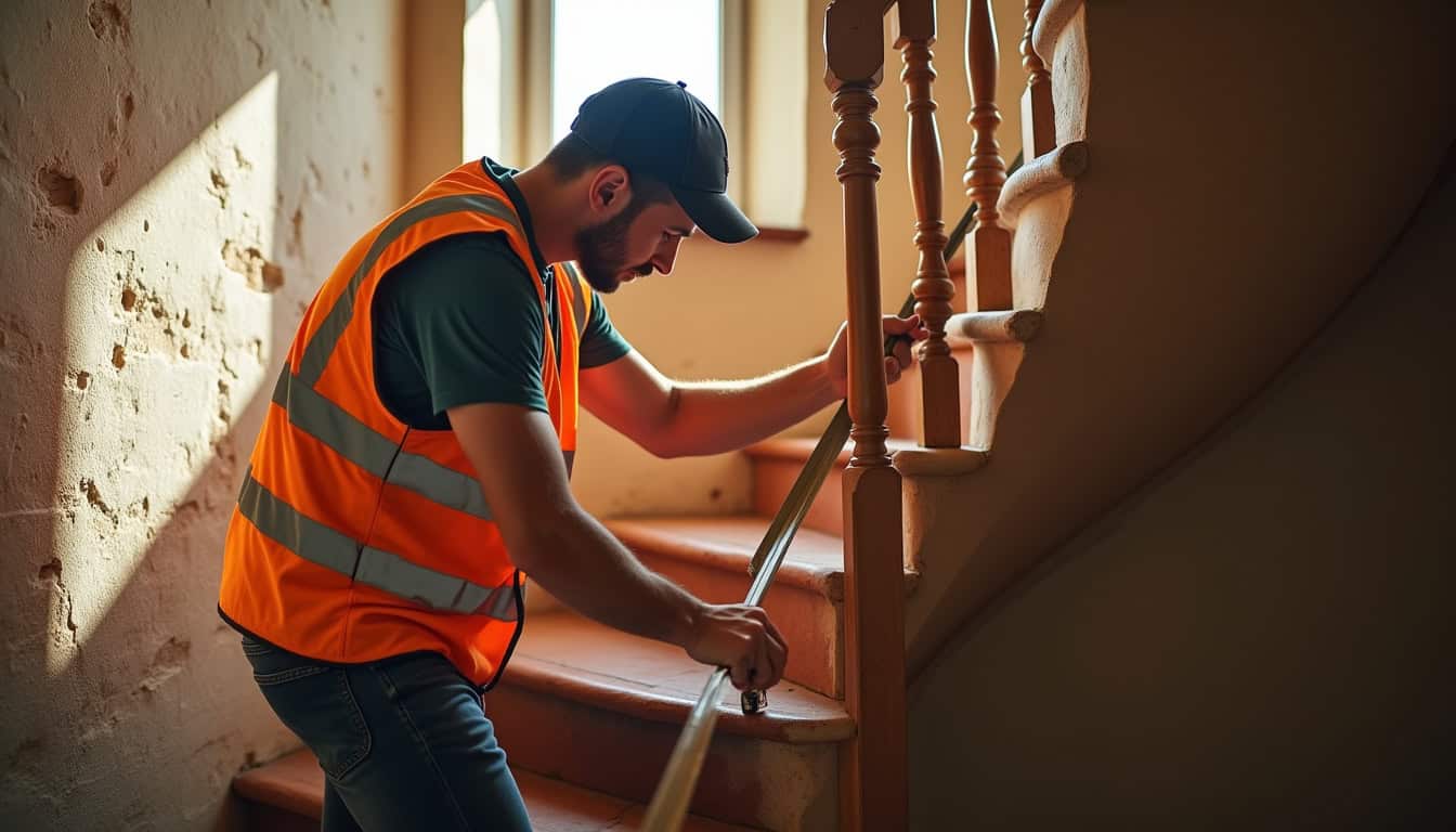 Installeur prenant des mesures dans un escalier tournant à Magnac-Bourg