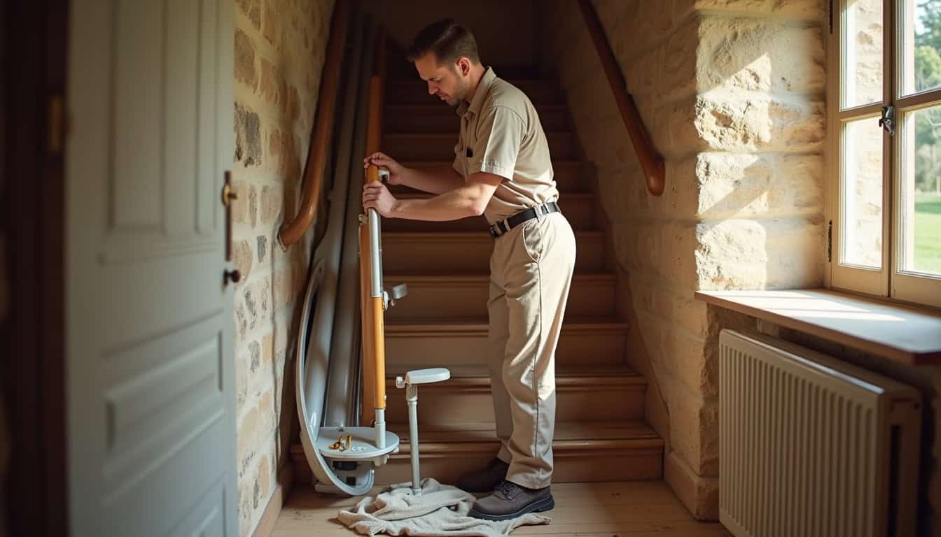 Intervention d’un technicien lors de la pose d’un monte-escalier dans une maison ancienne à Putanges-le-Lac