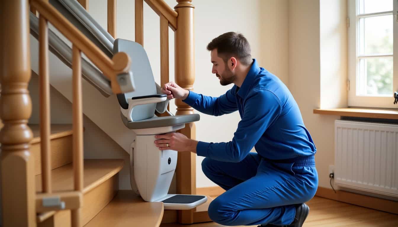 Intervention d’un technicien qualifié sur un monte-escalier en cours d’entretien de maintenance