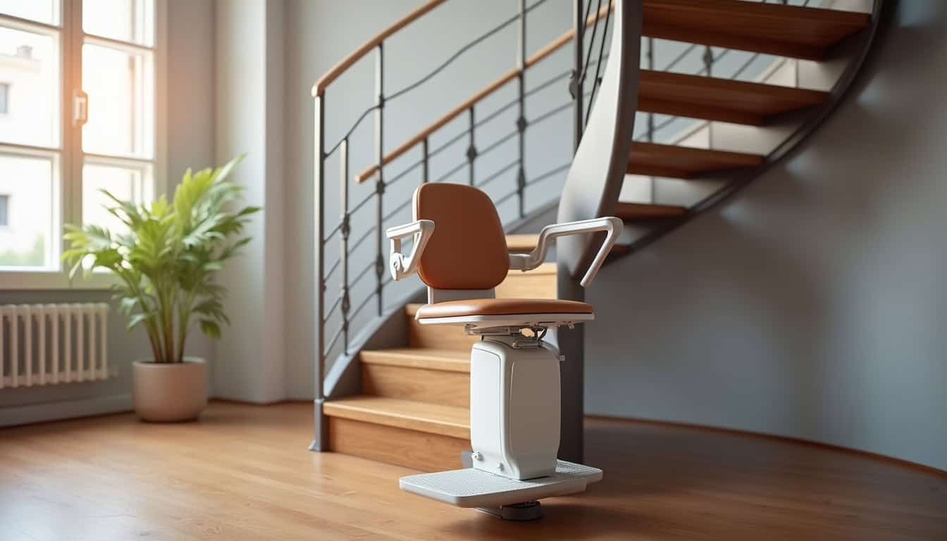 Modèle de monte-escalier tournant installé sur un escalier en colimaçon à Rosny-sur-Seine