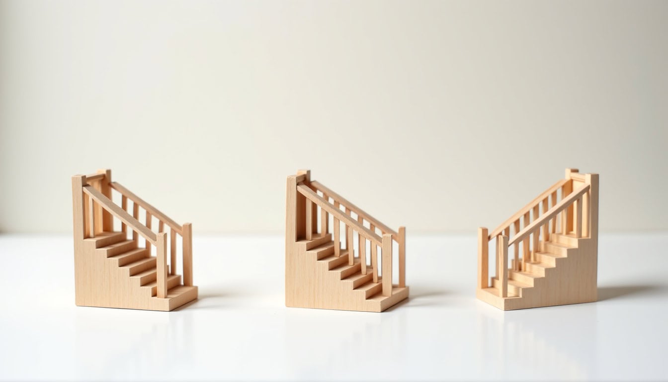 Montage comparatif des différents types de monte-escaliers: droit, tournant et extérieur