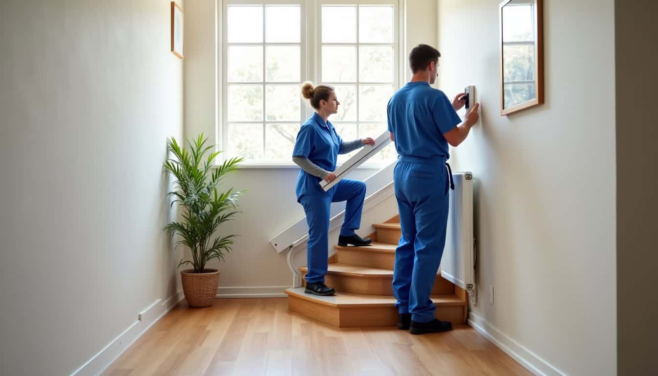 Montage d’un monte-escalier en location dans une maison à Neuvilly