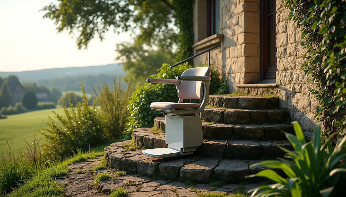Montage d’un monte-escalier extérieur sur un escalier en pierre, en milieu rural