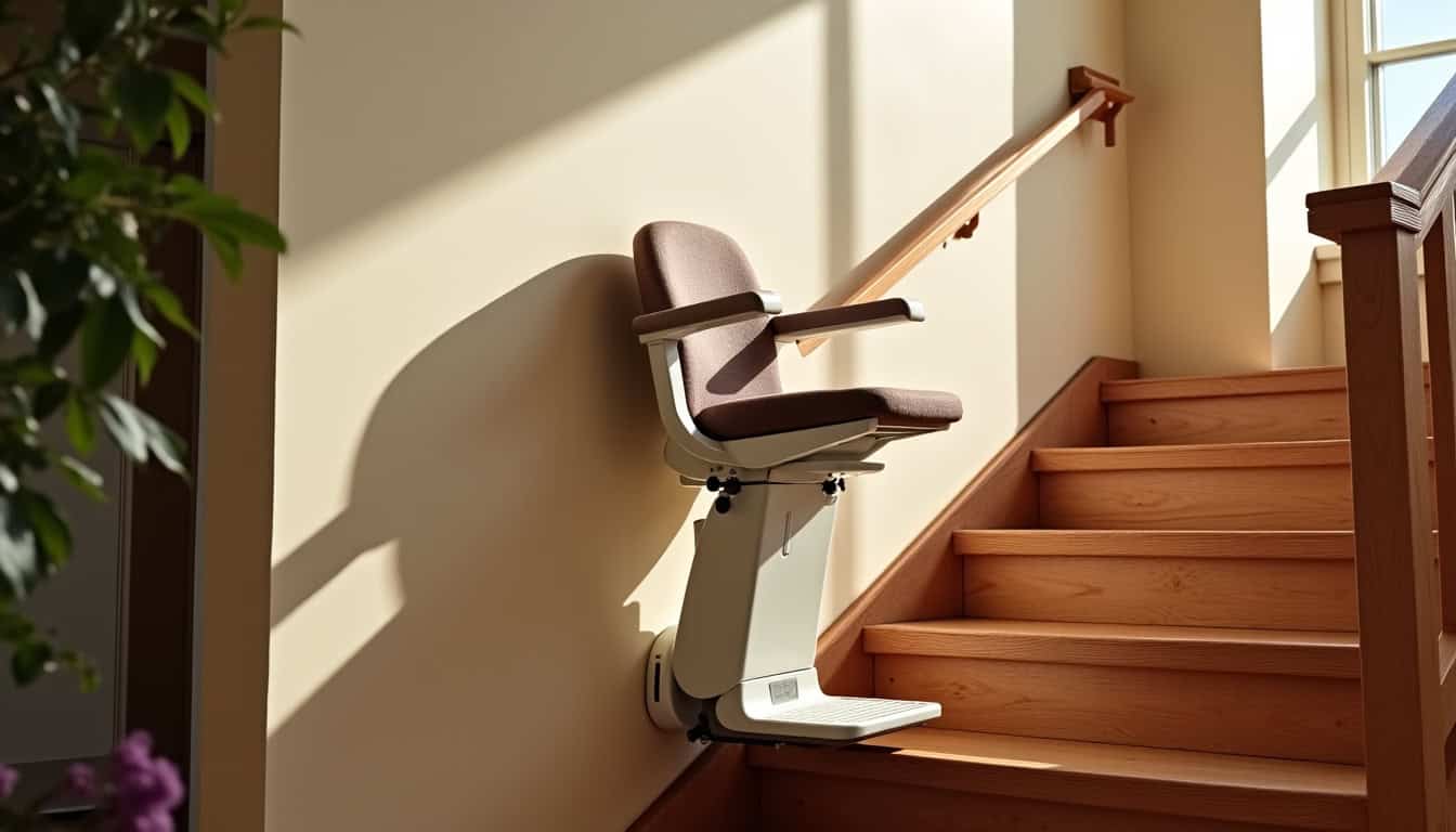 Monte-escalier assis installé dans une maison à Woippy, intérieur avec escalier en bois