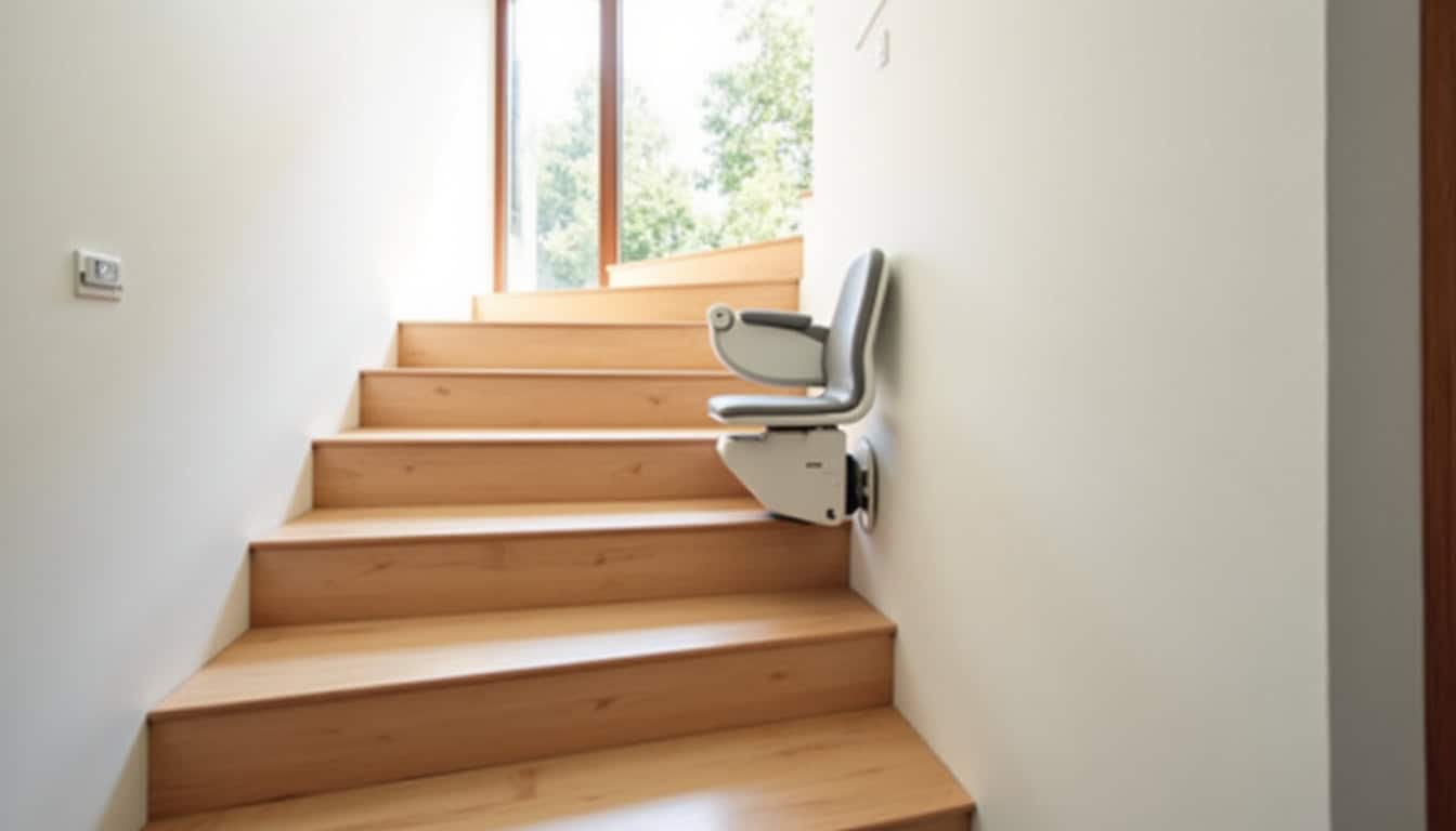 Monte-escalier avec siège repliable dans un escalier intérieur, montrant la discrétion de l