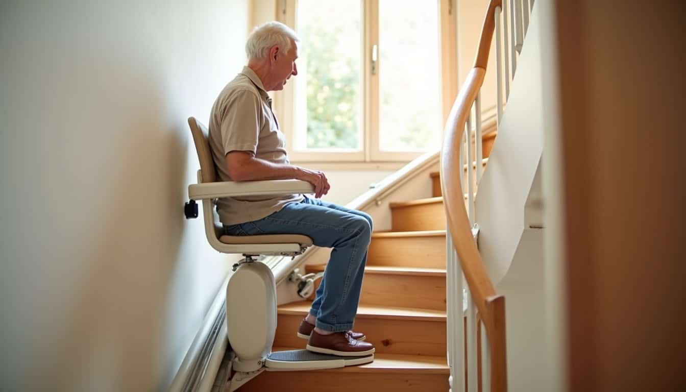 Monte-escalier tournant installé sur un escalier en colimaçon à Champigneulles, avec un utilisateur en train de l