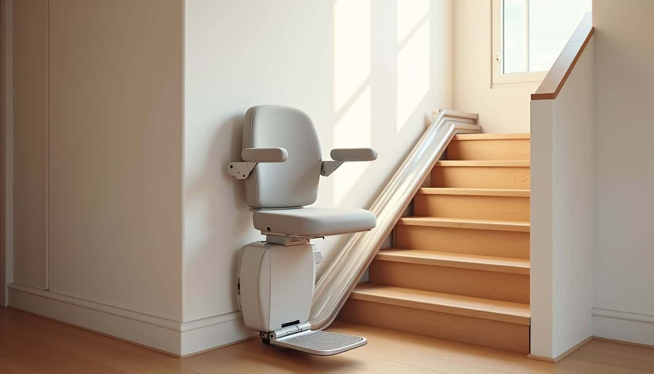 Monte-escalier droit installé dans un escalier intérieur, avec siège ergonomique et rail discret