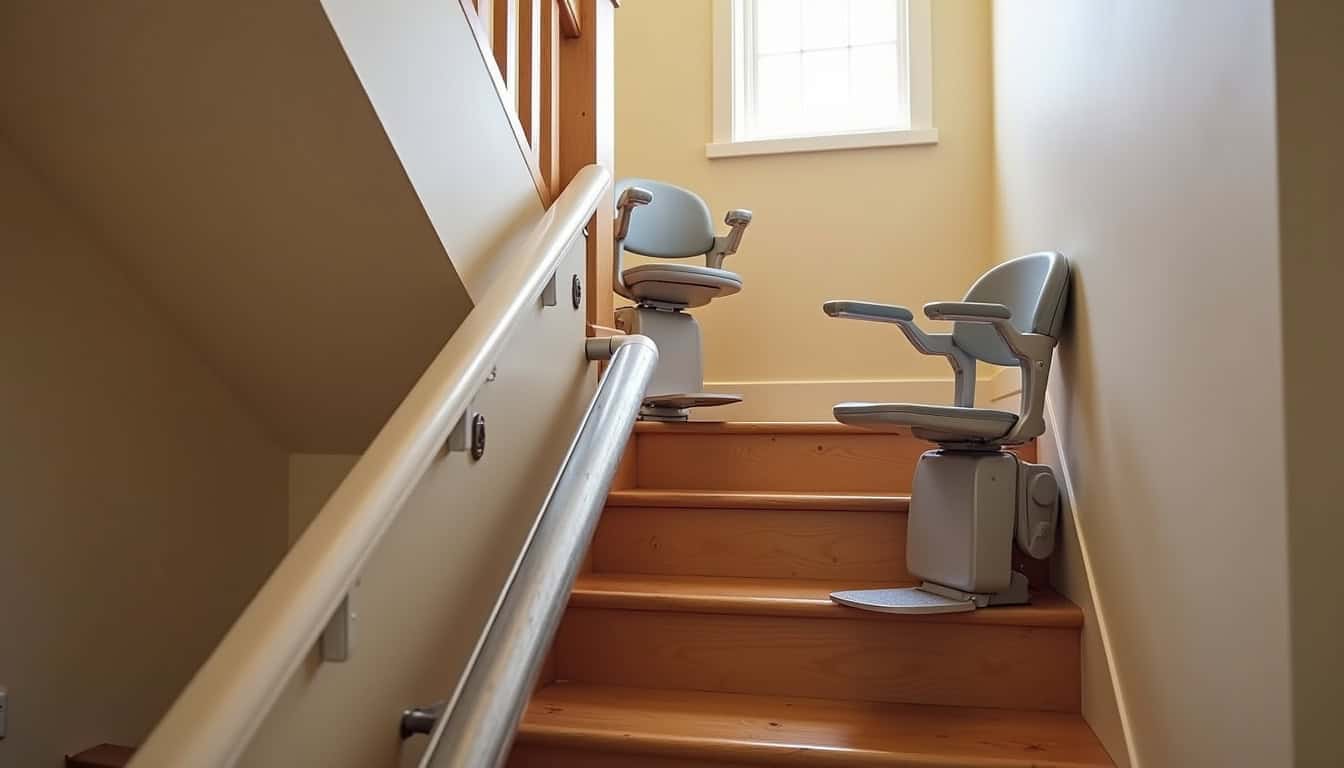 Différents types de monte-escaliers installés sur un escalier intérieur droit et tournant