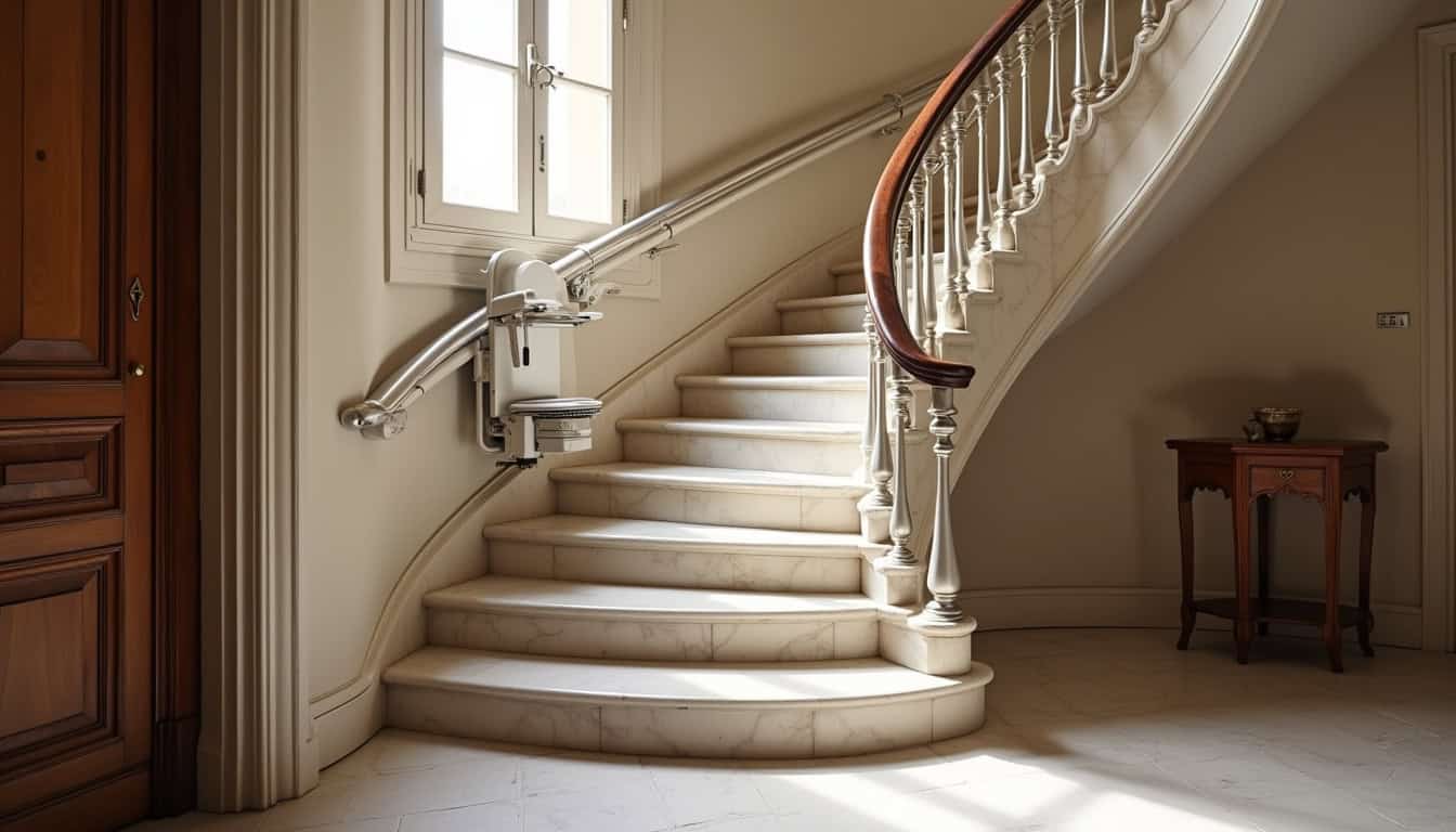 Monte-escalier courbe installé dans une maison ancienne à Saint-Armel avec escalier en marbre