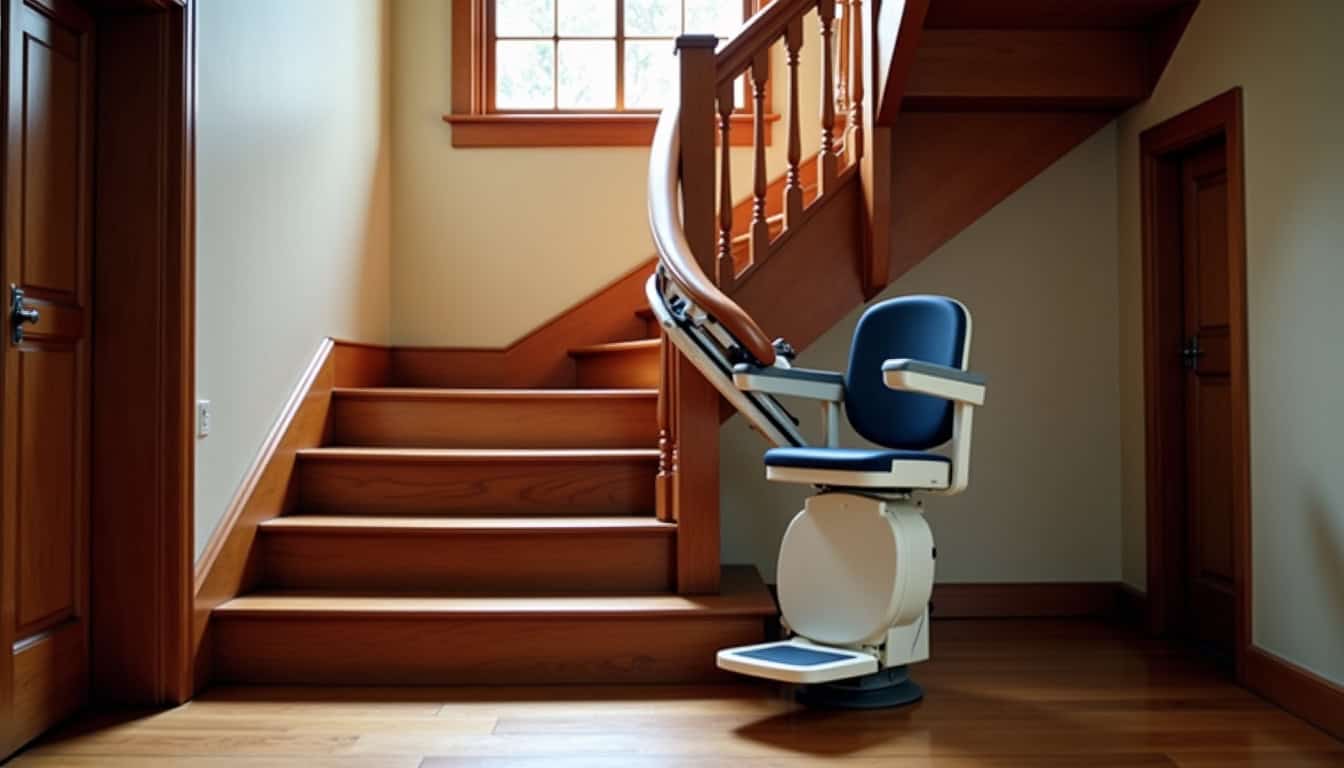 Monte-escalier courbe installé dans une maison ancienne à Villevieille, intégré discrètement à l’escalier en bois