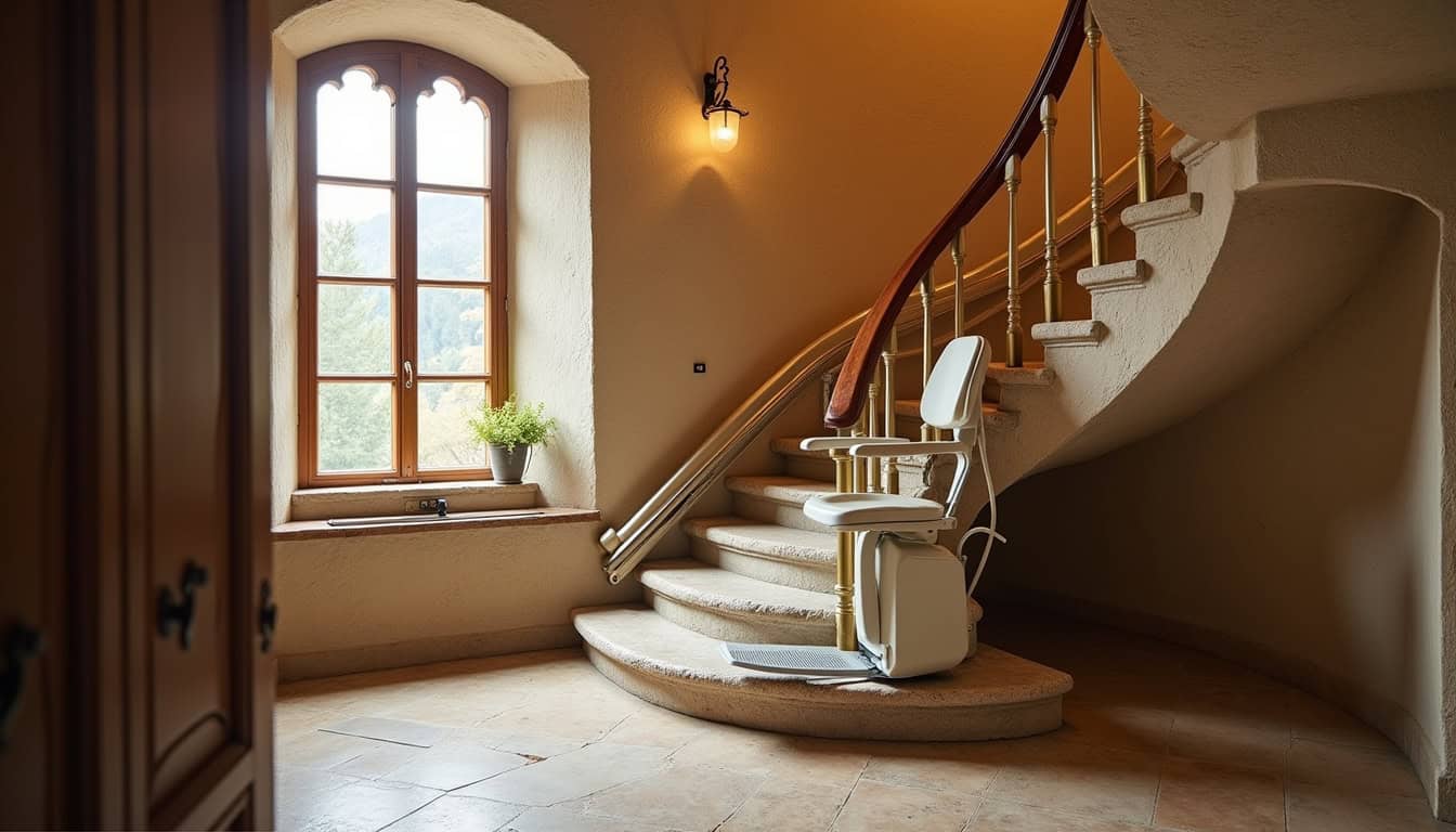 Monte-escalier courbe installé sur un escalier en colimaçon dans une maison ancienne à Saint-Florentin