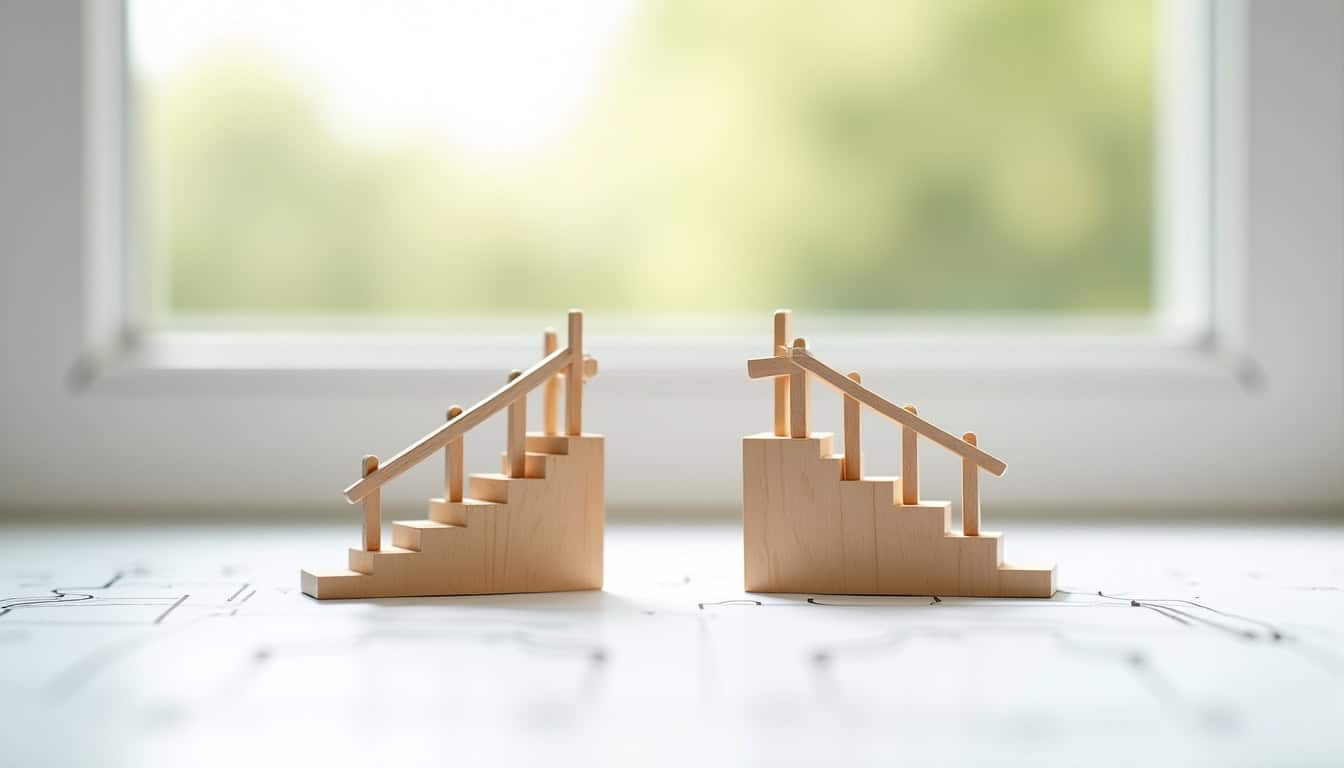 Monte-escalier droit et tournant installés dans une maison, avec comparaison visuelle des deux modèles