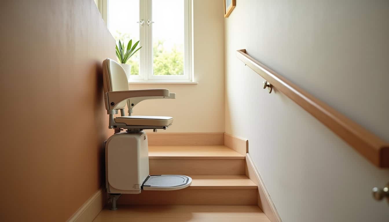Monte-escalier droit installé dans un couloir intérieur avec un siège pliable