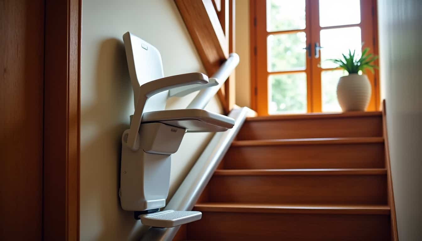 Monte-escalier droit installé dans un escalier intérieur de maison traditionnelle à Fougères