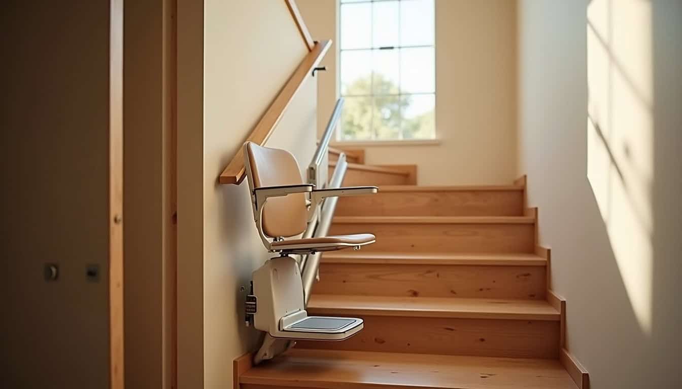 Monte-escalier droit installé dans un escalier intérieur en bois, vu de côté