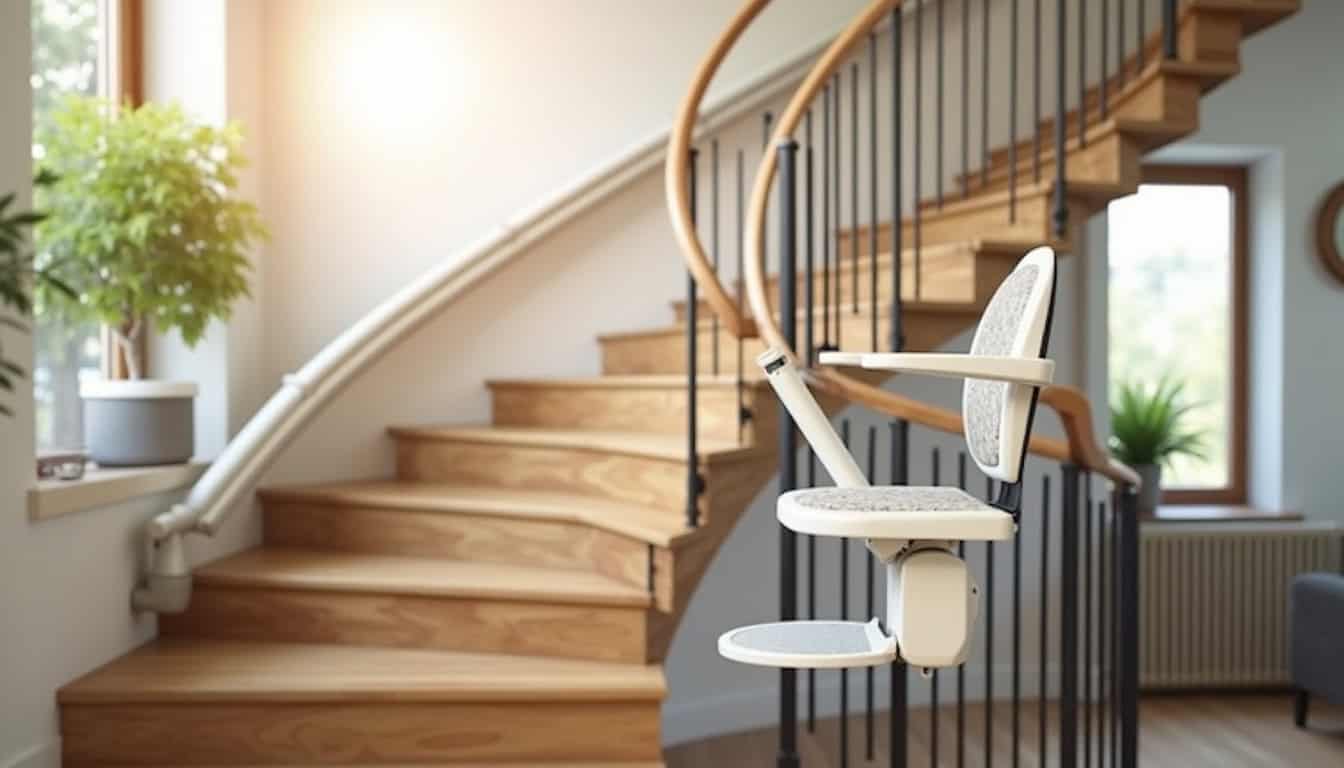 Monte-escalier droit installé dans un escalier intérieur en colimaçon