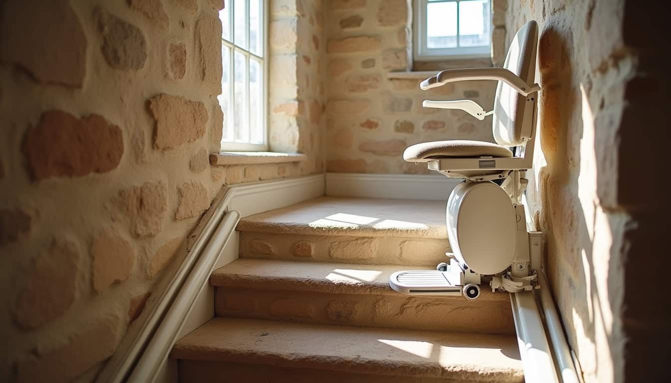 Monte-escalier droit installé dans un escalier intérieur en pierre d