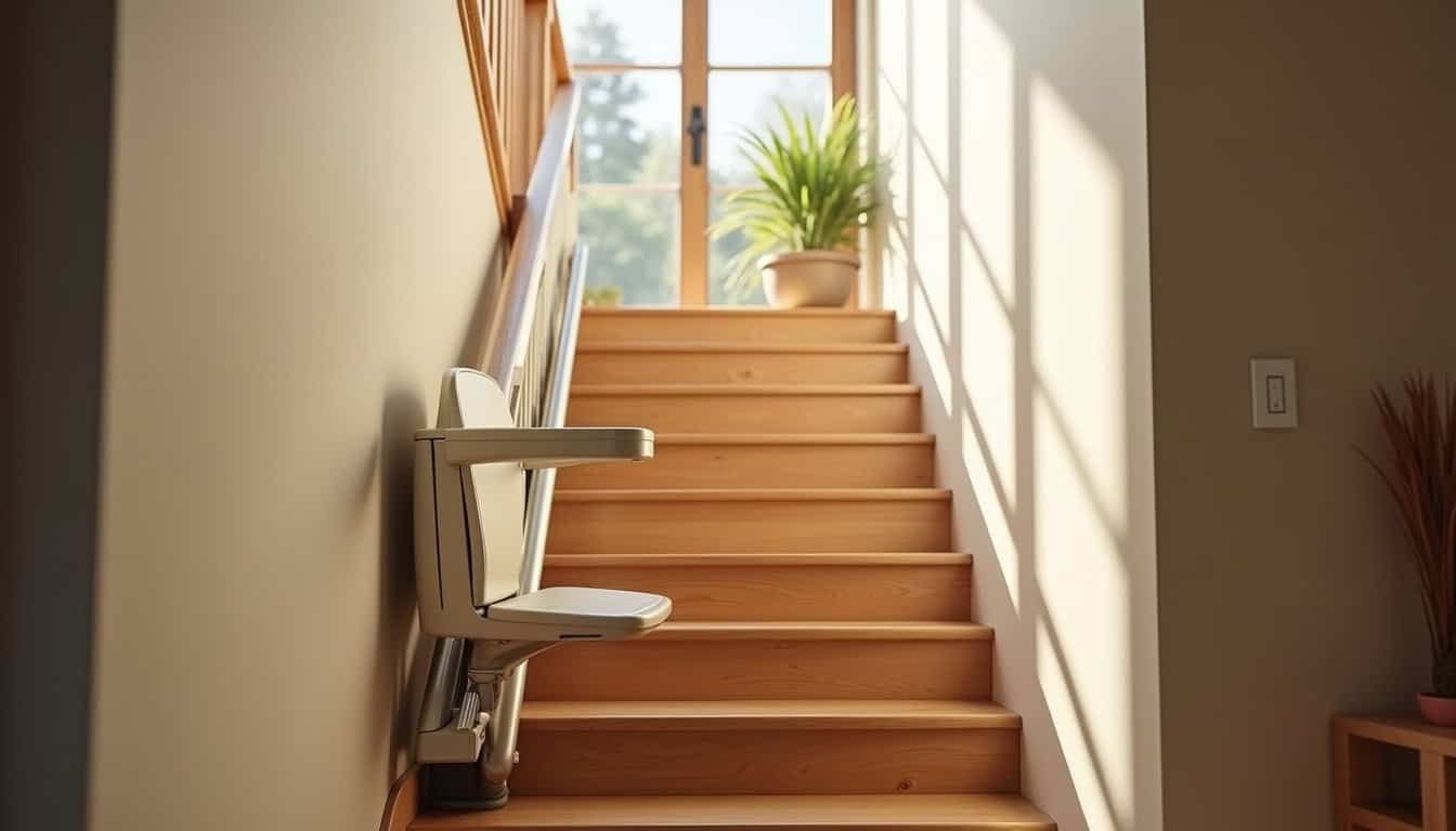 Monte-escalier droit installé dans un intérieur lumineux avec escalier en bois