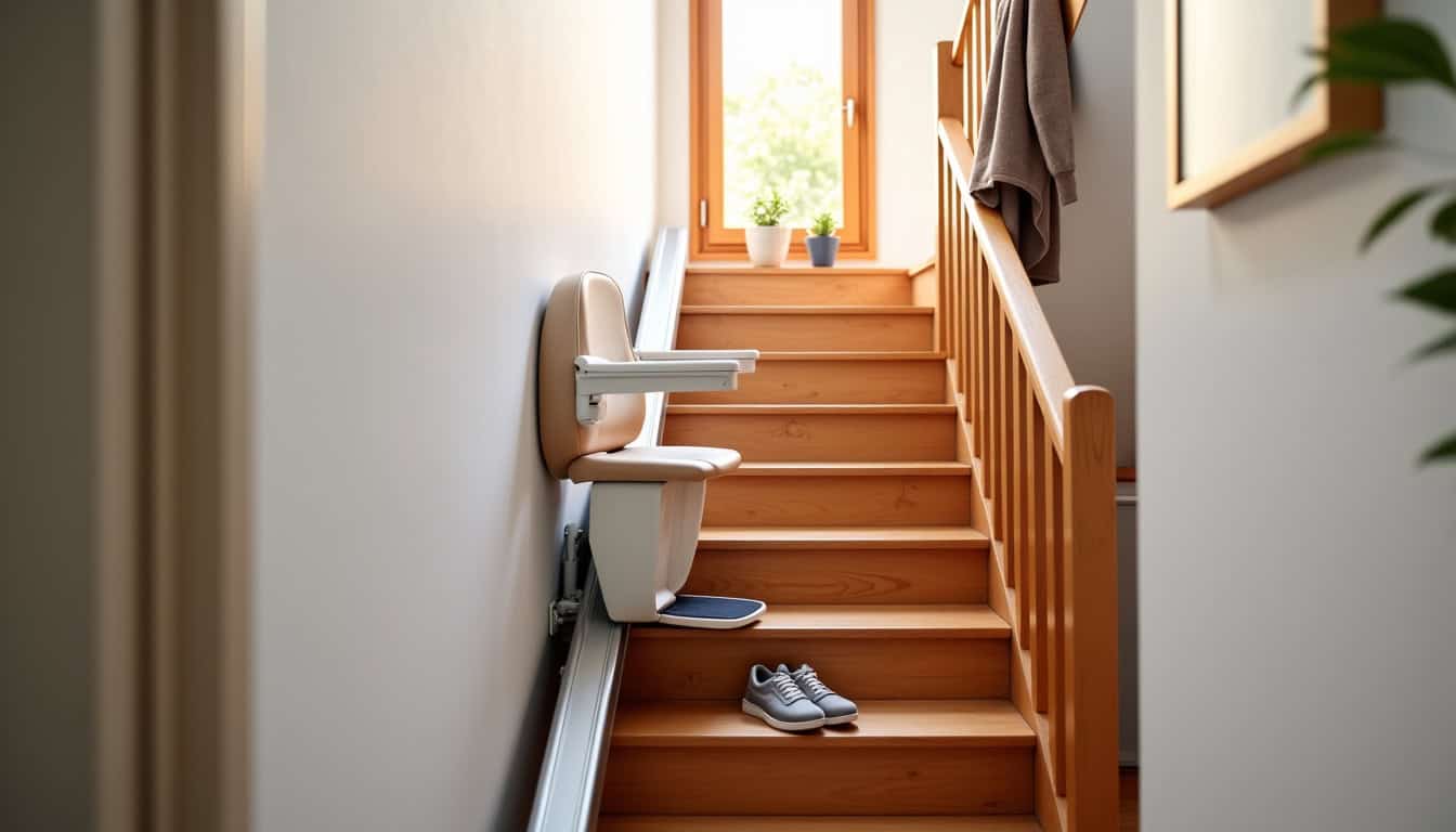 Monte-escalier droit installé dans une maison à Drocourt, vu depuis le palier