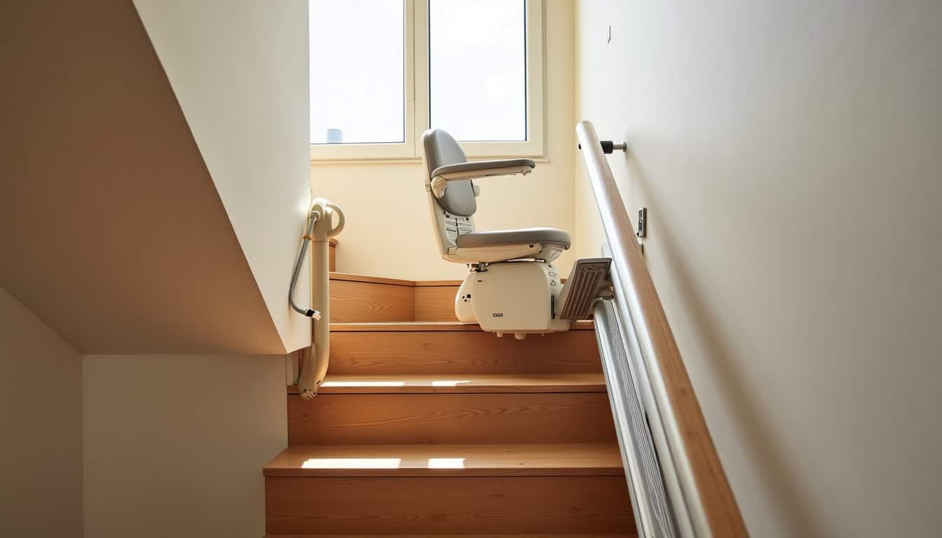 Monte-escalier droit installé dans une maison à Le Moule, escalier en bois avec siège ergonomique
