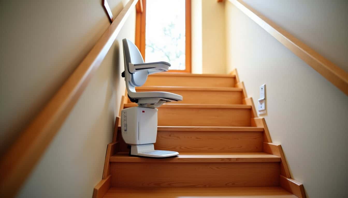 Monte-escalier droit installé dans une maison à Libercourt, rail fixé sur les marches sans intervention sur les murs