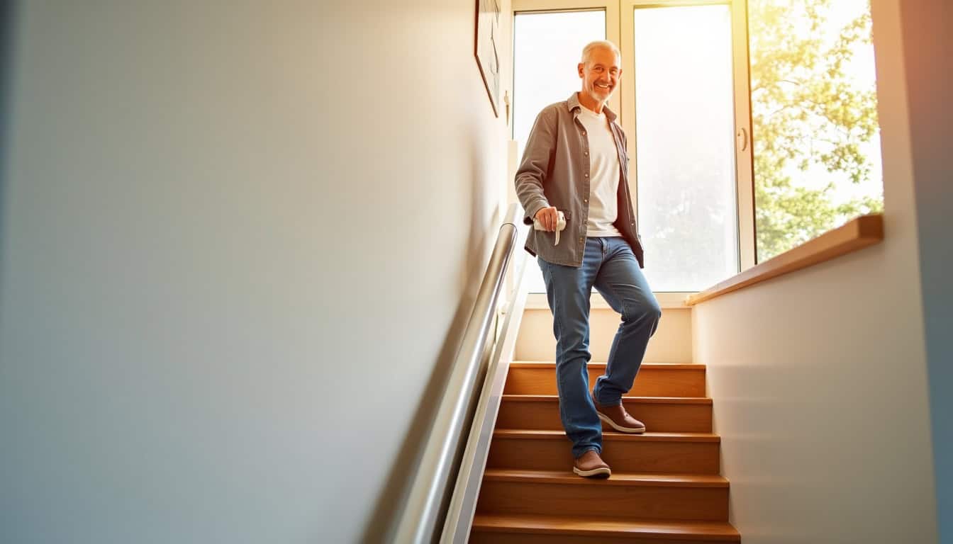 Monte-escalier droit installé dans une maison à Melun, en cours d’utilisation par un senior