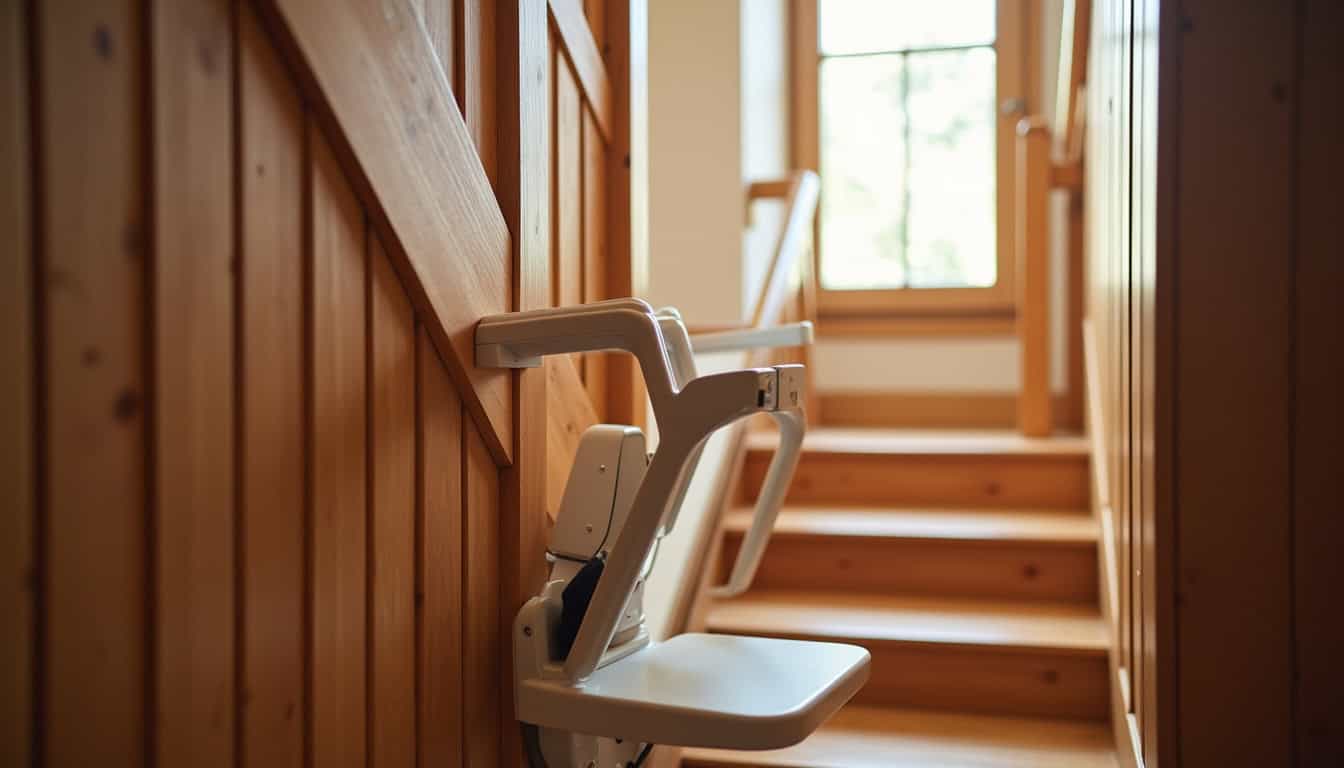 Monte-escalier droit installé dans une maison à Morhange avec escalier intérieur en bois