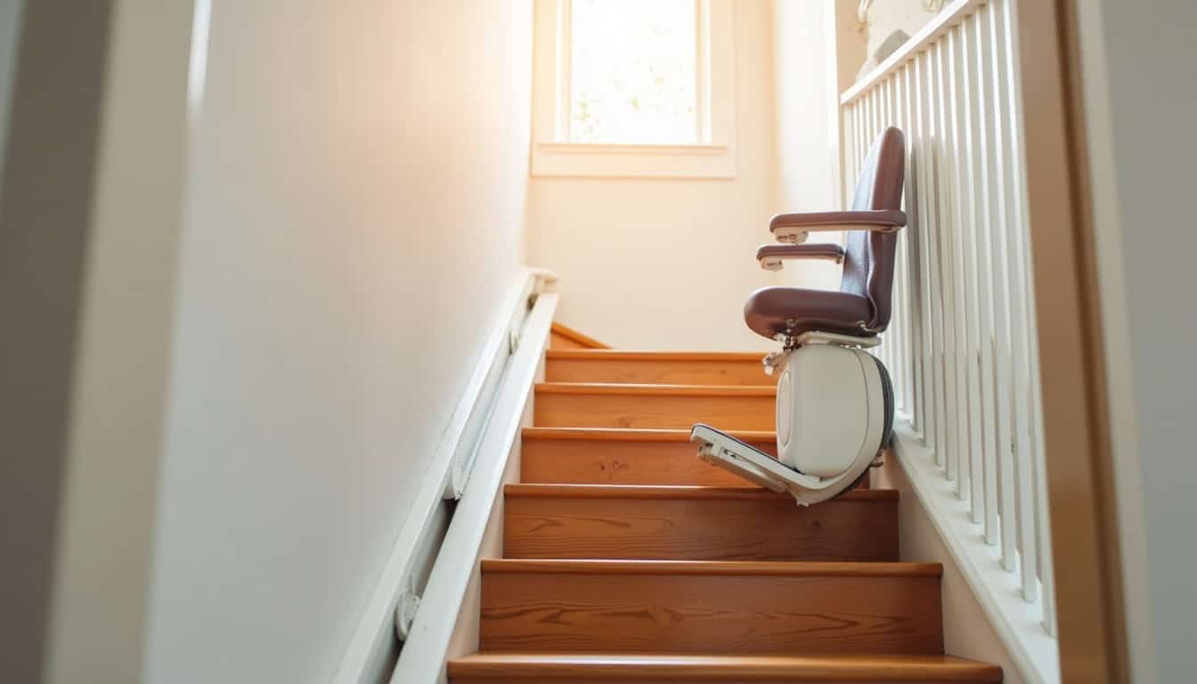 Monte-escalier droit installé dans une maison à Pleumeleuc, rail fixé sur les marches, siège ergonomique