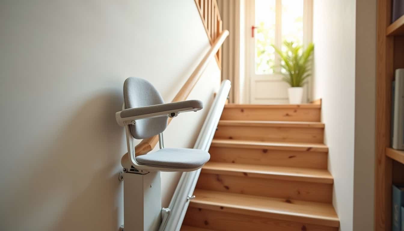Monte-escalier droit installé dans une maison à Velaux, escalier en bois, siège ergonomique